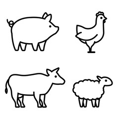 Chicken, lamb, veal and pork linear icons set