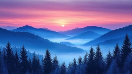 Obraz premium Misty mountain landscape at dawn with vibrant sunrise illuminating the sky