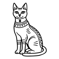 Elegant Ancient Inspired Cat Line Art Illustration with Ornate Patterns