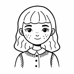 Fototapeta premium Hand Drawn Girl Portrait with Freckles and Wavy Hair in a Collared Shirt