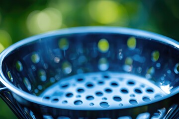A close-up view of a blue colander with intricate details