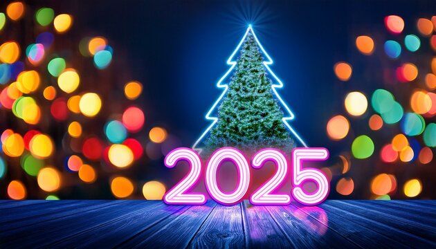Vibrant neon light sign 2025 against festive background with Christmas tree and bokeh lights