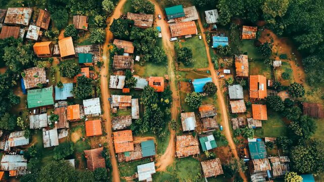 Aerial view of a vibrant village in Uganda showcasing colorful rooftops and winding paths, Aerial view of a village in Uganda