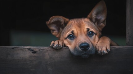 Obraz premium Close-up of a mixed-breed puppy with big expressive eyes leaning on a wooden surface, dark background. Animal emotions and companionship.