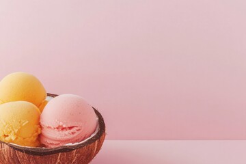Colorful ice cream scoops in coconut bowl against soft pink back
