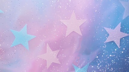 Obraz premium Pastel gradient background with sparkling blue and pink glitter stars and white dots for festive or fantasy design