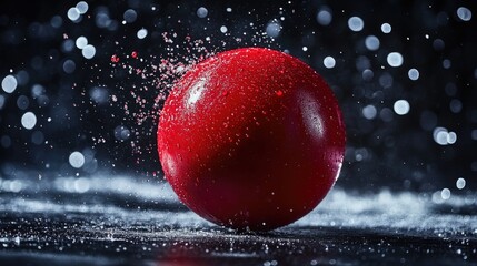 A single red apple is gently sprinkled with water, ideal for use in food or still life photography