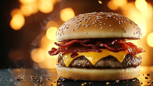 A visually stunning double burger loaded with bacon, cheese, and barbecue sauce, styled under glowing warm lights and complemented by dramatic shadows, perfect for a high-impact fa
