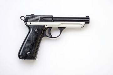 A close-up shot of a gun resting on a white surface