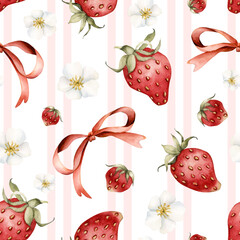 Cute strawberries and red bows. Watercolor pink striped seamless pattern on white background delicious summer fabric
