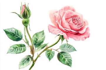 Obraz premium Pink Rose with Bud and Green Leaves - Elegant watercolor painting of a pink rose in full bloom alongside a closed bud, symbolizing beauty, growth, love, new beginnings, and fleeting time
