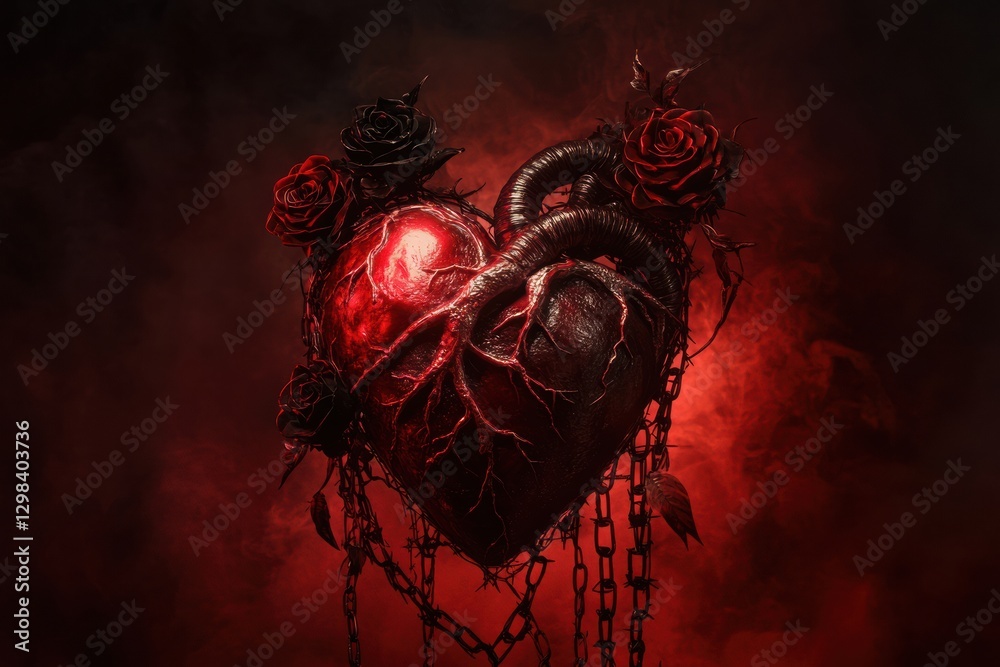 Poster dark and dramatic heart sculpture entwined with roses and chains in a red mist background. generativ