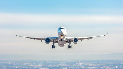 Front View Of Airplane Taking Off Against A Blue Sky and Blurry Cityscape