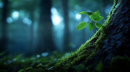 New life in mystical forest; sunrise, moss, nature