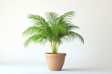 Fototapeta premium Potted Palm Plant on White Background - A vibrant green potted palm tree symbolizes growth, tranquility, paradise, nature, and home decor. Perfect for minimalist interior designs