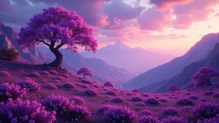 A breathtaking landscape showcases a solitary tree, mountains, and a serene sky.