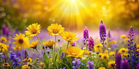 Obraz premium Wildflowers paint a vivid spring landscape: dazzling yellows and purples dominate the scene.