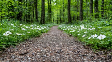 Fototapeta premium Gravel path winds through a lush green forest lined with blooming white wildflowers during a bright spring day.