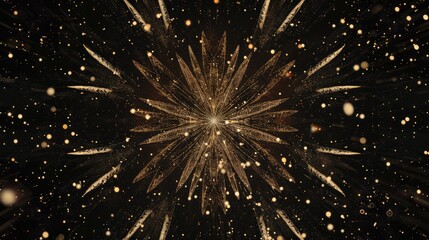 Fototapeta premium Bright golden star with radiating light rays surrounded by small sparkles on black background