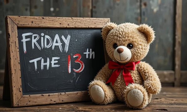 Cute teddy bear sitting next to a chalkboard with "Friday the 13th" written on it, eerie yet playful contrast
