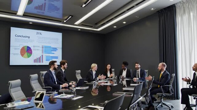 Strategic Dialogue in Boardroom: A diverse group of professionals engages in a dynamic discussion within a modern boardroom setting.