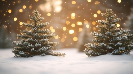 Obraz premium Snowy Christmas trees, golden lights, winter wonderland, backdrop, holiday, use in greeting cards, online shopping