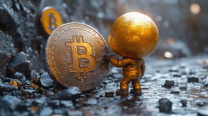Golden figure holds Bitcoin in a dark mining cave