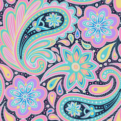 Pink Floral Paisley Vector Seamless Pattern. Intricate Sophisticated, Whimsical Abstract Colorful Illustration on Future Dusk Trendy Dark Background. Perfect for Fabric Textile or Bohemian Wallpapers