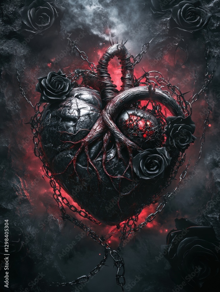 Leinwandbilder dark heart entwined with chains and roses in a moody red and black environment. generative ai