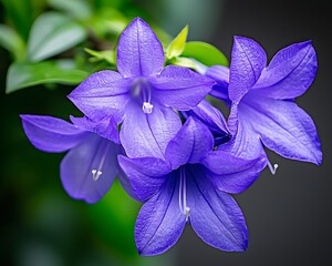 Fototapeta premium Open bluebell flowers blooming on blurred green foliage; use spring greeting card or background