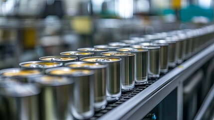 Naklejka premium Aluminum cans for food being processed on a factory conveyor line at a canned food manufacturing plant, with selective focus
