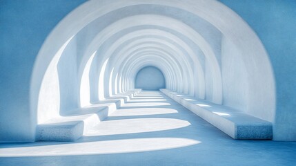Obraz premium Long corridor with repeating arches and benches in shades of light blue and white