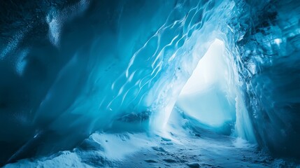 A stunning view of an ice cave illuminated by soft blue light, showcasing nature's beauty.