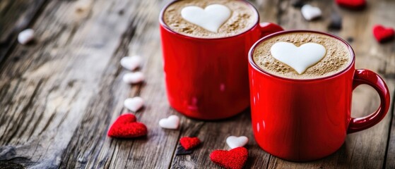 Two Red Mugs with Heart-Shaped Latte Art on Wooden Table