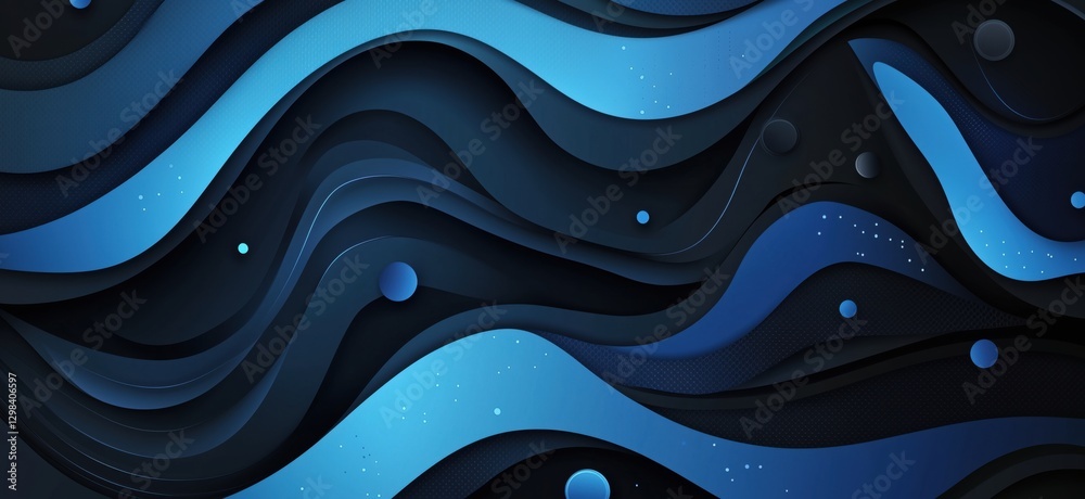 Poster abstract blue wave pattern with layered design and circular elements, copy space for text