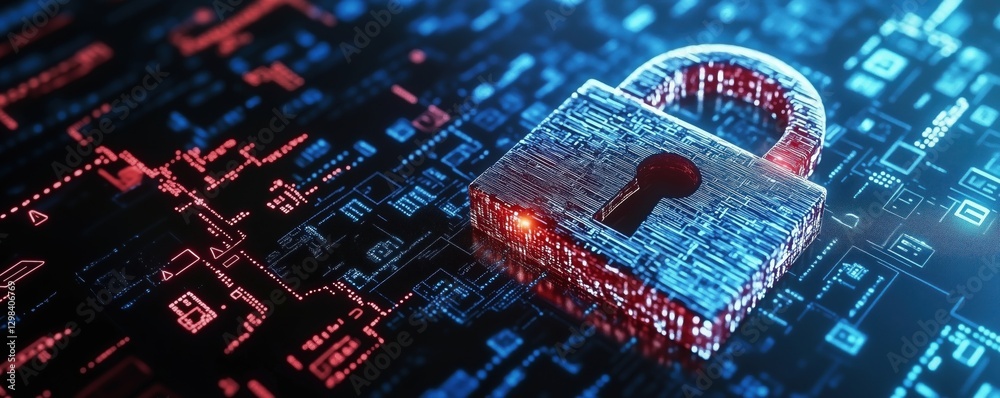 Poster digital padlock symbolizing cybersecurity and data protection on a tech background, copy space for t