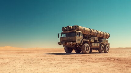 Obraz premium Armored military truck with a missile launcher stationed in a desert under a clear sky, representing a World War scenario