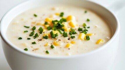 Creamy corn chowder in white bowl on table