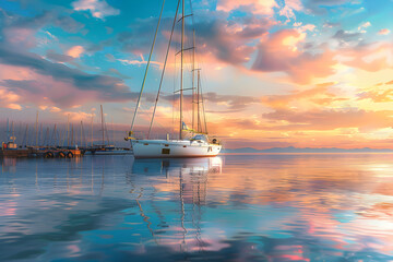 Contemplating on a Luxury Sailboat Purchase Under the Vibrant Sunset Sky at Serene Seaside Marina