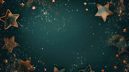 Elegant copper star decorations on dark green festive background with glitter particles and empty center space for text