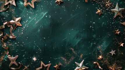 Elegant copper star decorations on dark green festive background with glitter particles and empty center space for text
