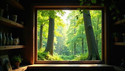 Fototapeta premium A window high up on a tree trunk in the forest, Branches, Tree