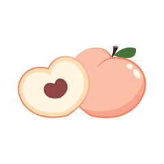 Peach cartoon vector. Doodle peach with leaves icon. Peach fruit in shape of heart isolated on white background. Farm, natural food, fresh fruits.
