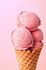 Delightful pink ice cream scoops stacked in crispy cone against