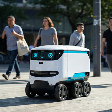 Autonomous delivery robots on city sidewalks with friendly smiles