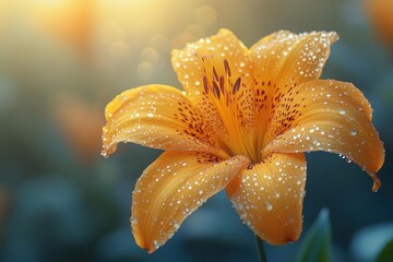 Orange Lily With Dew Drops At Sunrise