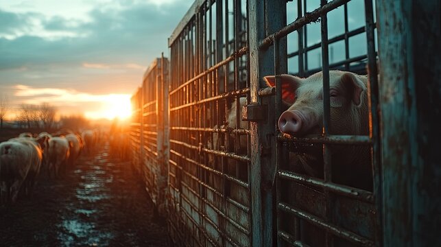 Pigs being transported by truck from the farm to the slaughterhouse. Meat industry. Animal meat trade. Animal rights perspective. Suffering of pigs during transportation to the pork processing plant