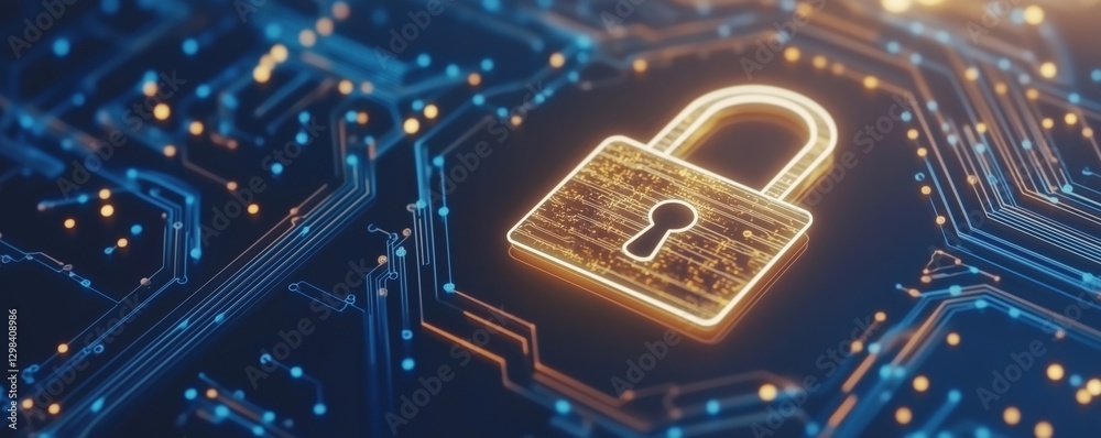 Poster digital security lock symbol on circuit board background representing cybersecurity technology, copy