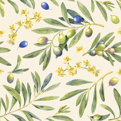 Watercolor green olive fruit branch seamless pattern. Hand painted floral illustration, tree branches, flowers bloom, leaves beige background. Drawings food. Edible foliage. For menu, wrapping card