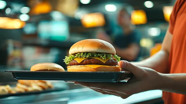 In a fast-paced, vibrant fast food restaurant, a cashier hands a tray with a fresh burger combo to a waiting customer, with the background showcasing a lively atmosphere and colorf